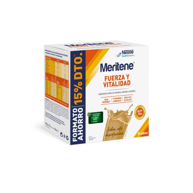 MERITENE FUERZA Y VITALIDAD CAFÉ DESCAFEINADO 30 SOBRES PACK AHORRO