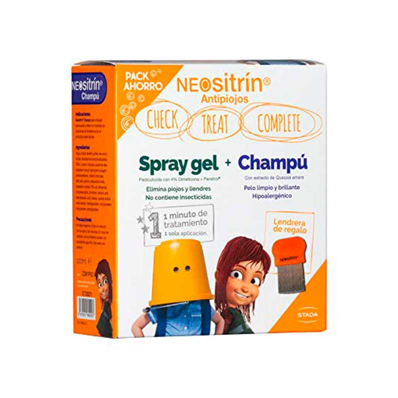 NEOSITRÍN ANTIPIOJOS PACK AHORRO SPRAY GEL + CHAMPÚ + LENDRERA DE REGALO